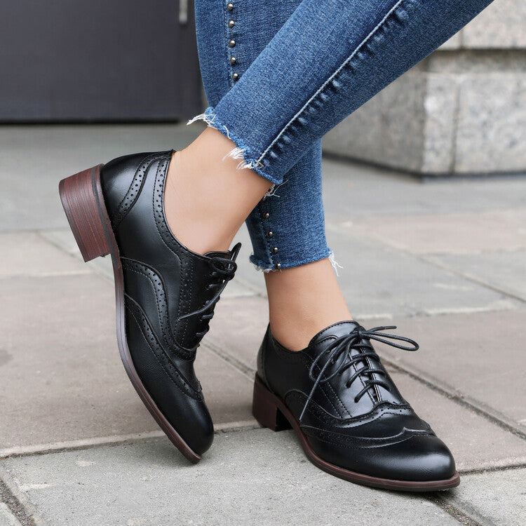 Women's Brogue Low Heel Lace Up Oxford Shoes