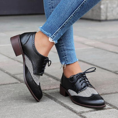 Women's Lace Up Color Matching Brogues Low Heel Derby Shoes