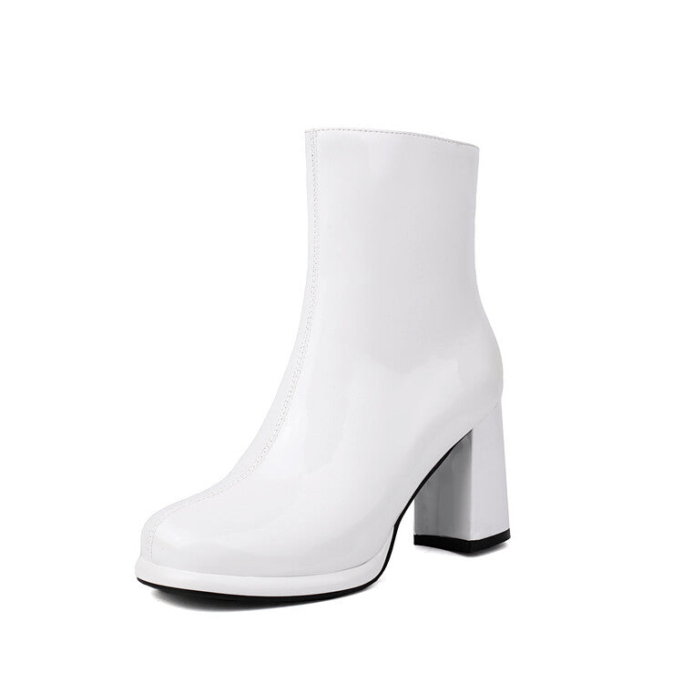 Women's Glossy Chunky Heel Platform Short Boots