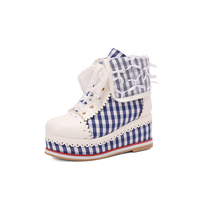 Women's Patchwork Lace-Up Round Toe Wedge Platform Short Boots