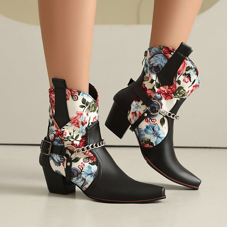 Women's Flowers Chains Pointed Toe Block Heel Short Western Boots