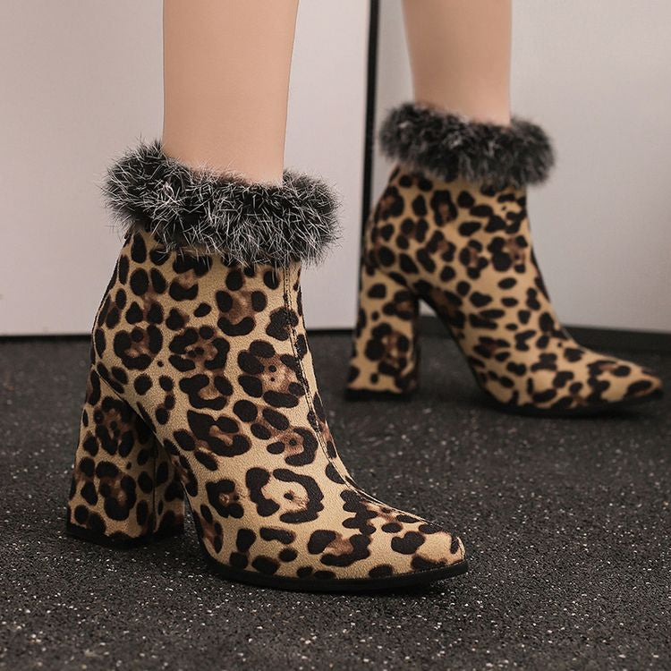 Women's Leopard Print Pointed Toe Block Heel Short Boots