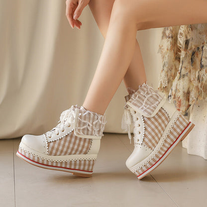 Women's Patchwork Lace-Up Round Toe Wedge Platform Short Boots