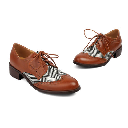 Women's Lace Up Color Blocking Brogues Low Heel Derby Shoes