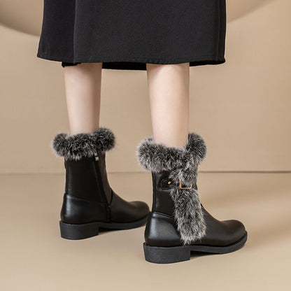 Women's Plush Faux Fur Buckle Strap Platform Short Boots