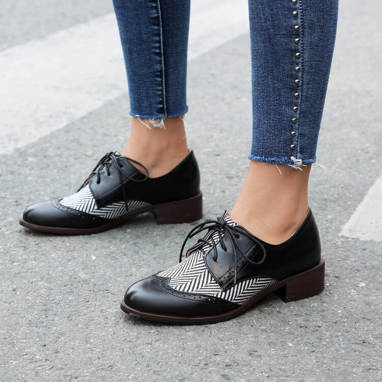 Women's Lace Up Color Blocking Brogues Low Heel Derby Shoes