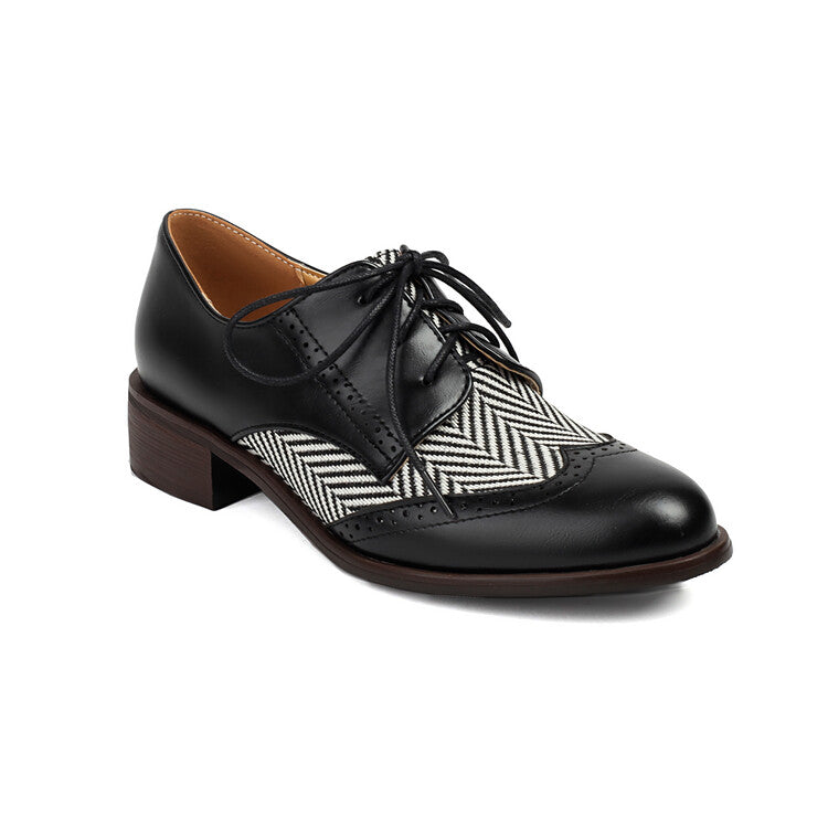 Women's Lace Up Color Blocking Brogues Low Heel Derby Shoes