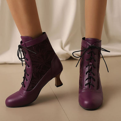 Women's Embroider Lace-Up Round Toe Hoof Heel Ankle Boots