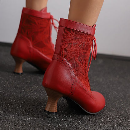 Women's Embroider Lace-Up Round Toe Hoof Heel Ankle Boots