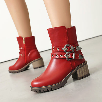 Women's Metal Decor Round Toe Square Heel Platform Short Boots