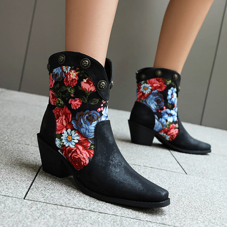 Women's Flowers Pattern Pointed Toe Block Heel Western Boots