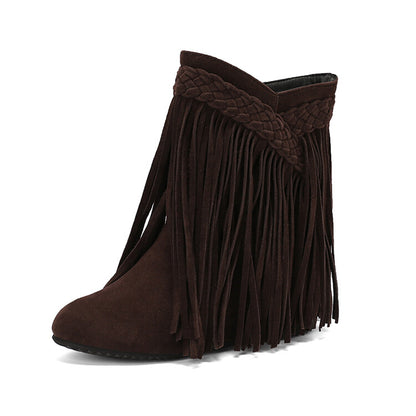 Women's Tassel Round Toe Wedge Heel Short Boots