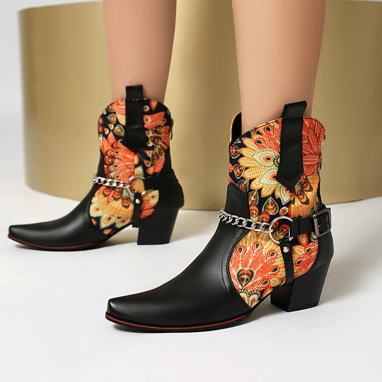 Women's Flowers Chains Pointed Toe Block Heel Short Western Boots