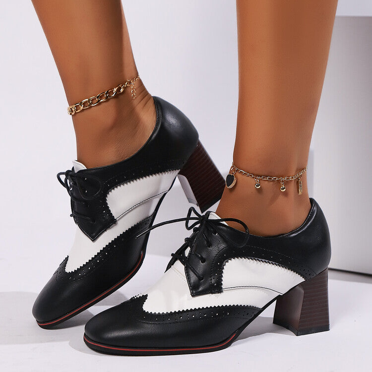 Women's Lace-Up Square Toe Block Heel Brogue Shoes