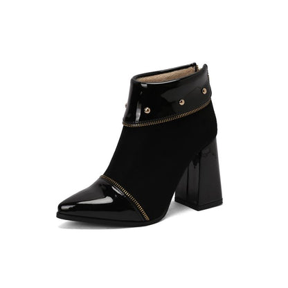 Women's Glossy Rivets Pointed Toe Block Heel Ankle Boots