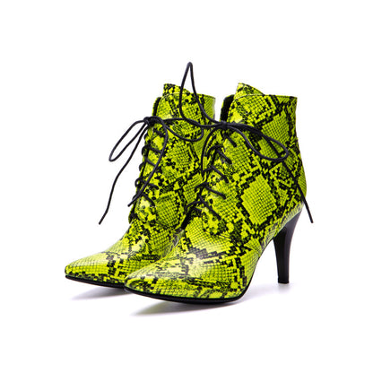 Women's Snake Pattern Lace-Up Spike Heel Ankle Boots