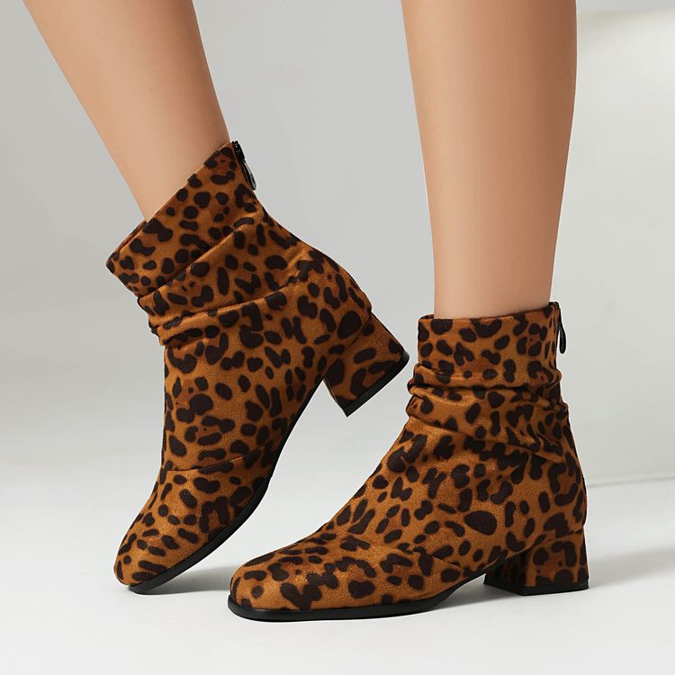 Women'S Leopard Print Round Toe Block Heel Ankle Boots