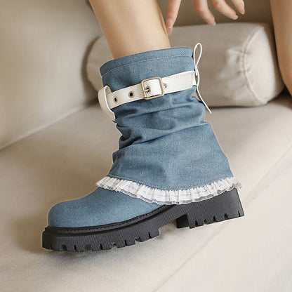 Women's Lace Buckle Strap Flats Short Boots