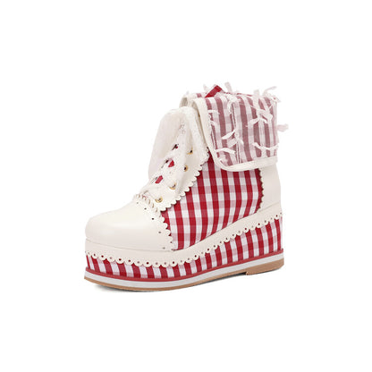 Women's Patchwork Lace-Up Round Toe Wedge Platform Short Boots