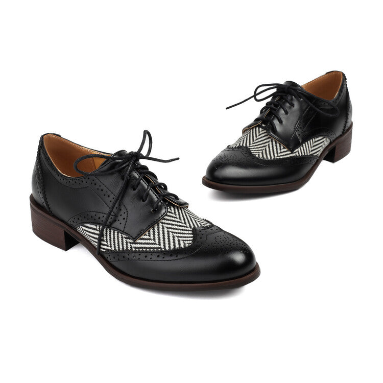 Women's Lace Up Color Matching Brogues Low Heel Derby Shoes