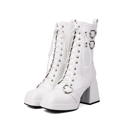 Women's Love Heart Buckle Square Toe Block Heel Platform Short Boots