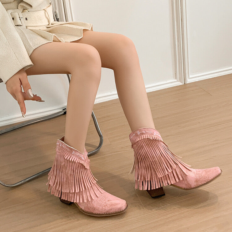 Women's Patchwork Tassel Square Toe Block Heel Short Western Boots