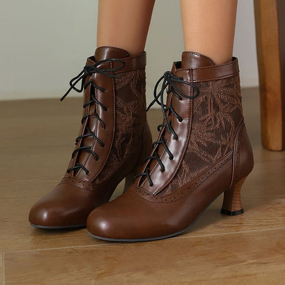 Women's Embroider Lace-Up Round Toe Hoof Heel Ankle Boots