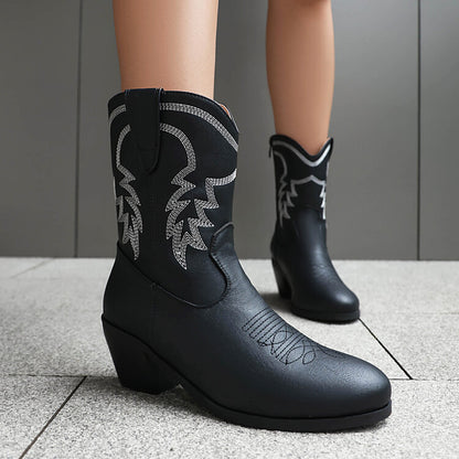 Women's Embroider Round Toe Block Heel Western Boots