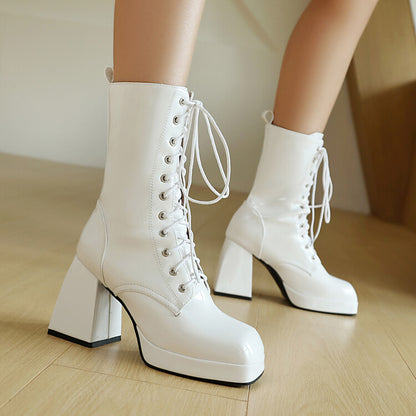 Women's Glossy Lace-Up Square Toe Block Heel Platform Short Boots