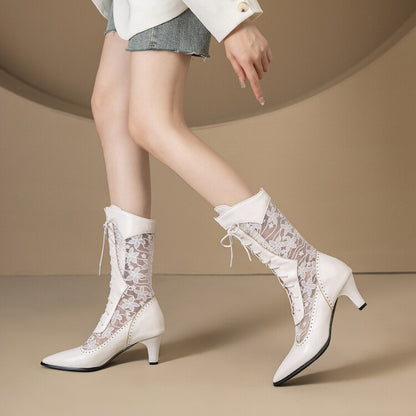 Women's Lace Pointed Toe Hoof Heel Mid Calf Boots