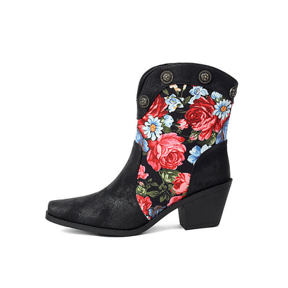 Women's Flowers Pattern Pointed Toe Block Heel Western Boots