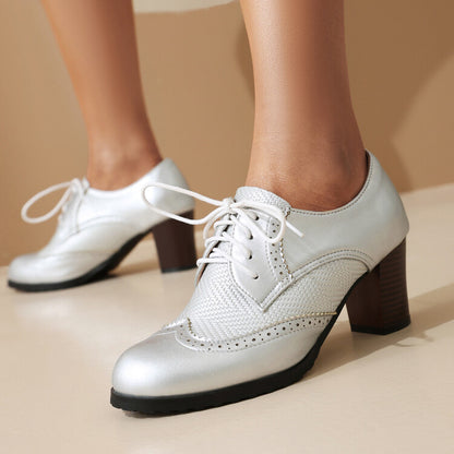 Women's Lace-Up Round Toe Block Heel Brogue Shoes