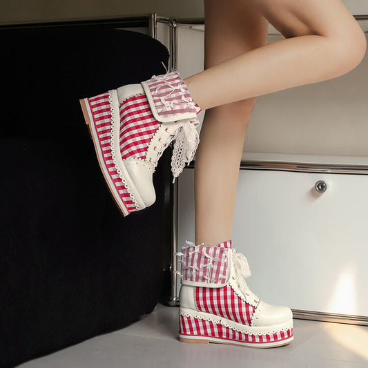 Women's Patchwork Lace-Up Round Toe Wedge Platform Short Boots