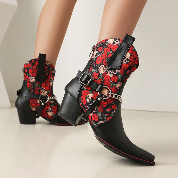 Women's Flowers Chains Pointed Toe Block Heel Short Western Boots