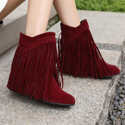 Women's Tassel Round Toe Wedge Heel Short Boots