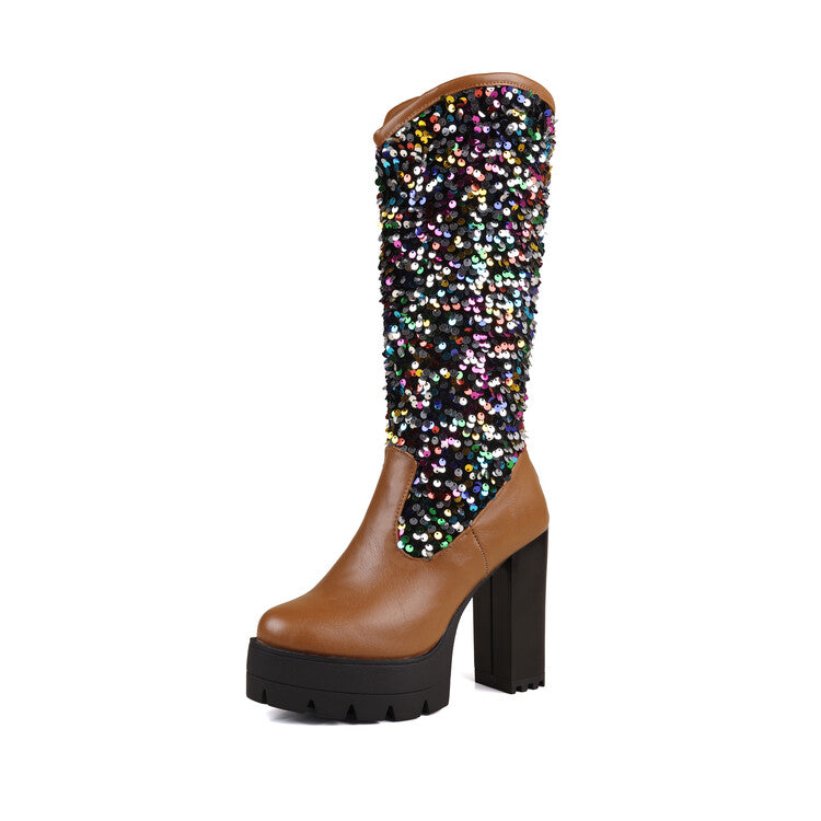 Women's Plush Dots Sequins Platform High Heel Mid Calf Boots