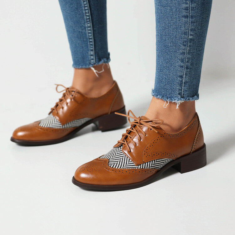 Women's Lace Up Color Matching Brogues Low Heel Derby Shoes