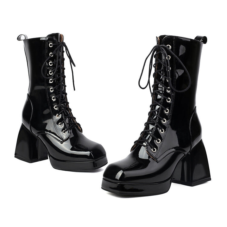 Women's Glossy Lace-Up Square Toe Block Heel Platform Short Boots