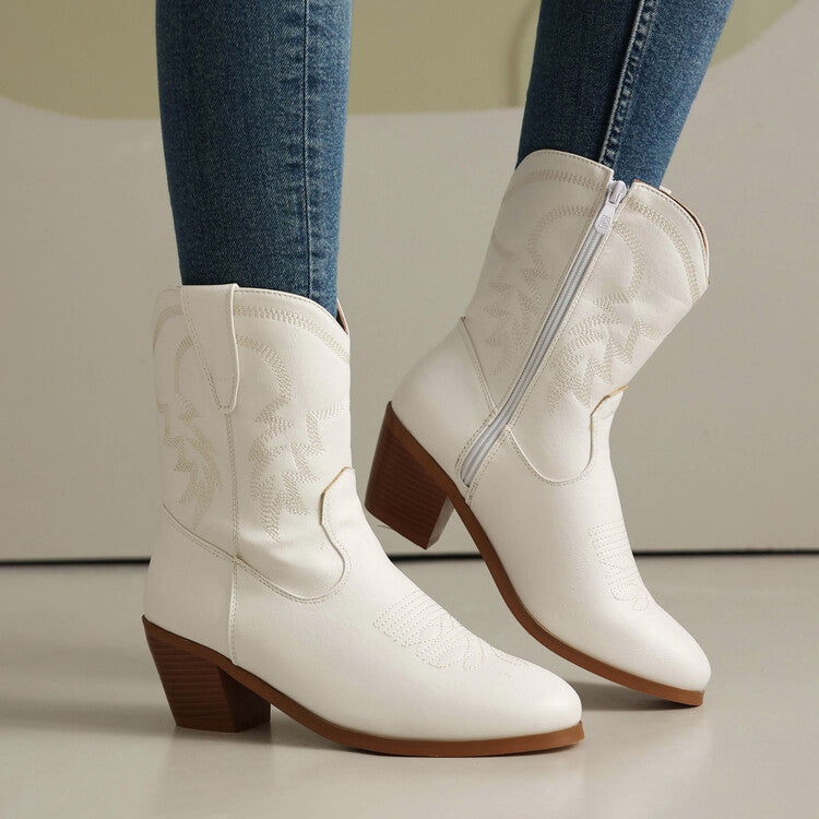 Women's Embroider Round Toe Block Heel Western Boots