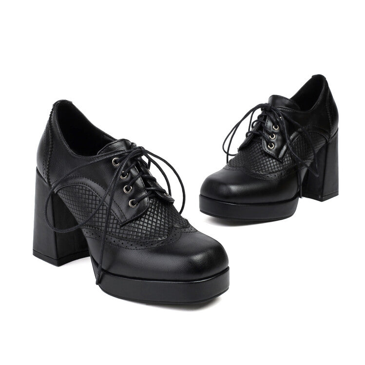 Women's Square Toe Shoelace Platform Square High Heels Shoes