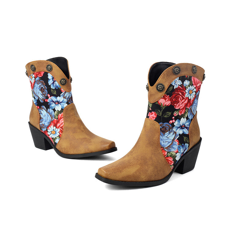 Women's Flowers Pattern Pointed Toe Block Heel Western Boots