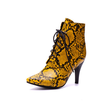 Women's Snake Pattern Lace-Up Spike Heel Ankle Boots