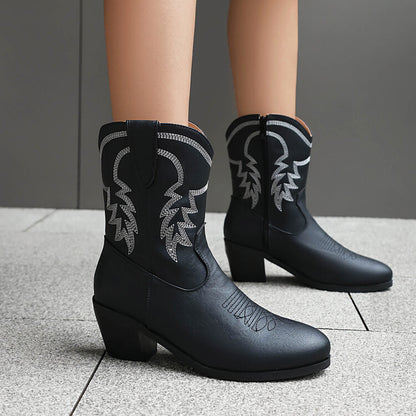 Women's Embroider Round Toe Block Heel Western Boots