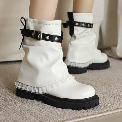 Women's Lace Buckle Strap Flats Short Boots