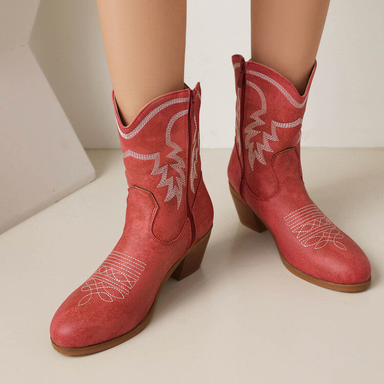 Women's Embroider Round Toe Block Heel Western Boots