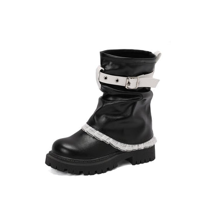 Women's Lace Buckle Strap Flats Short Boots