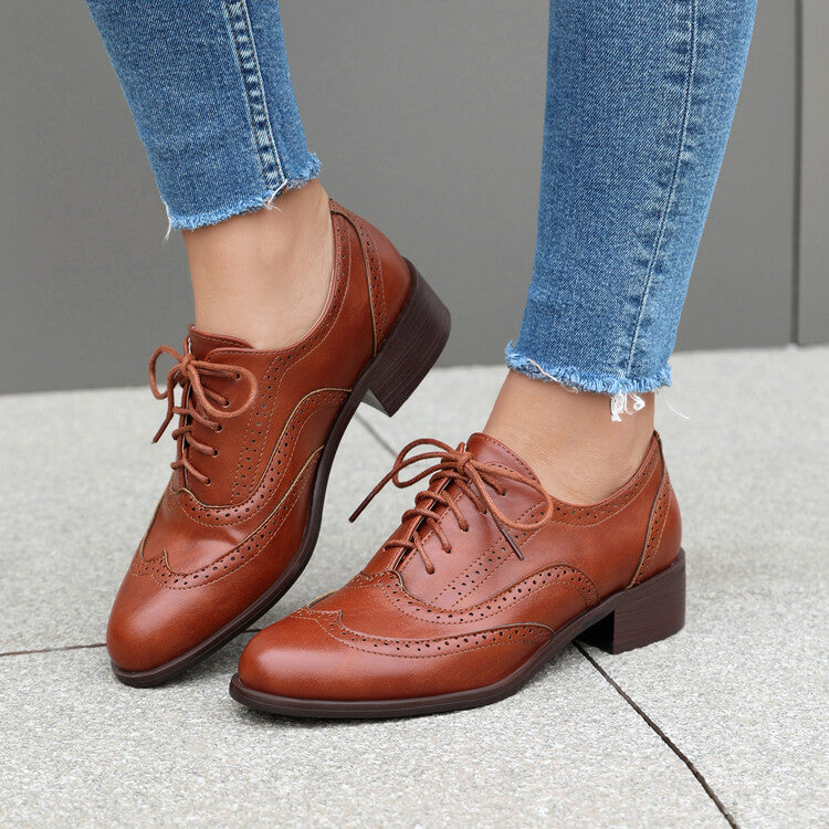 Women's Brogue Low Heel Lace Up Oxford Shoes