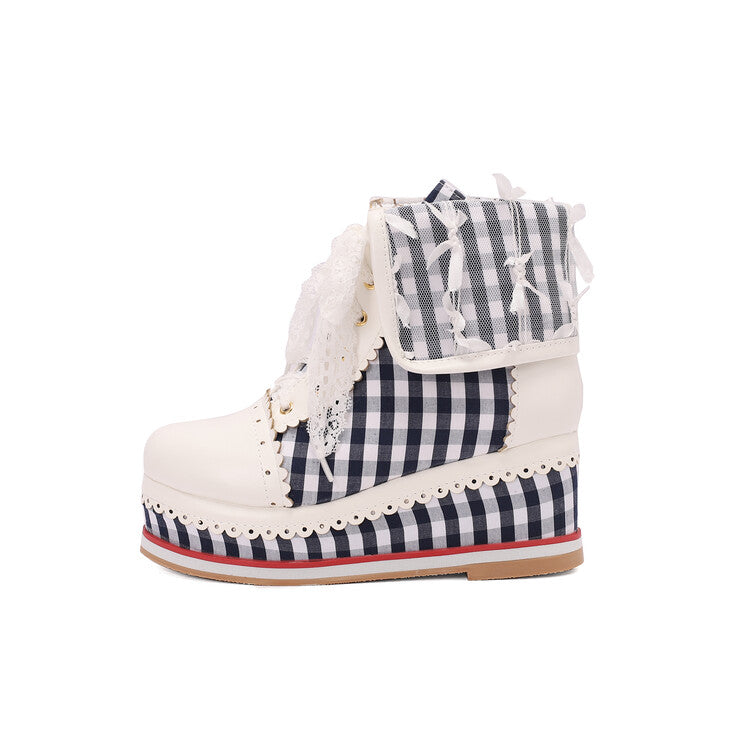 Women's Patchwork Lace-Up Round Toe Wedge Platform Short Boots