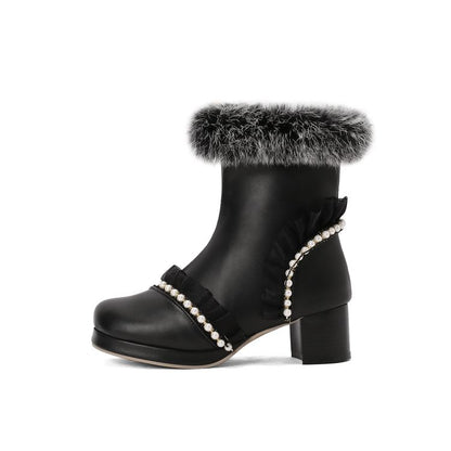 Women's Beads Round Toe Block Heel Platform Short Boots