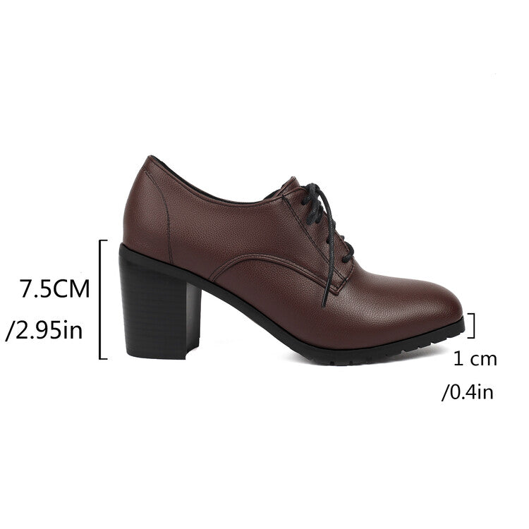 Women's Round Toe Square High Heel Lace Up Derby Shoes